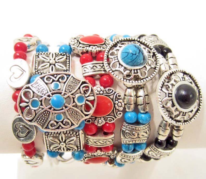 LOT OF 5 BEADED TIBETAN SILVER BRACELETS: N/A