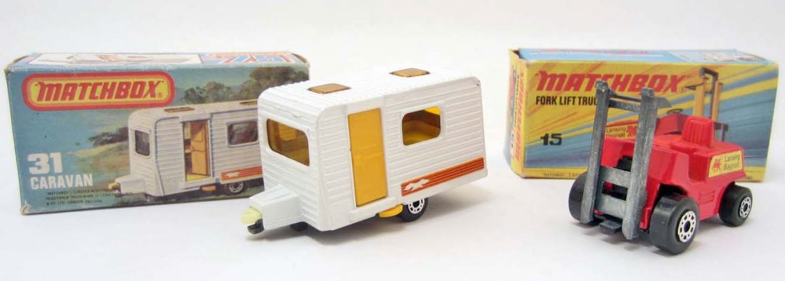 LOT OF 2 VINTAGE MATCHBOX LESNEY VEHICLES W/ ORIG.: Superfast Caravan #31 and Fork Lift Truck #15.