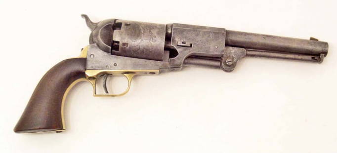 US CIVIL WAR ERA UNION ARMY COLT DRAGOON PISTOL: Measures 5 1/8" tall by 13 7/8" long. It is serial numbered 371 in several places. The left side of the steel frame is marked Colts Patent. Has a brass trigger guard and back strap with a pair of dark