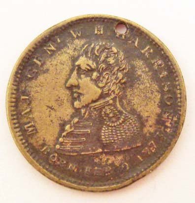 1840 W.H. HARRISON CAMPAIGN PEOPLES CHOICE TOKEN: One side reads PEOPLES CHOICE IN THE YEAR 1840 and the other side reads MAJ GEN W H HARRISON BORN FEB 9 1773