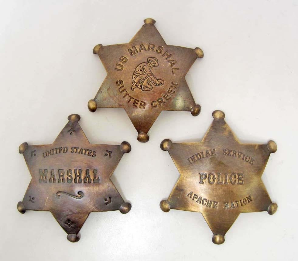 LOT OF 3 OLD WEST STYLE STAR BADGES: sutter creek, indian police, marshal