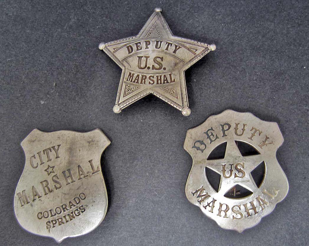 LOT OF 3 OLD WEST STYLE BADGES: deputy us marshal, colorado springs city marshal,