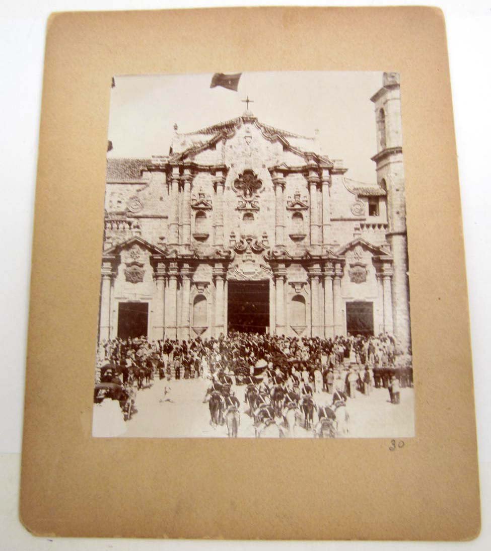 EARLY MOUNTED PHOTO OF THE HAVANA CATHEDRAL WHERE: EARLY MOUNTED PHOTO OF THE HAVANA CATHEDRAL WHERE COLUMBUS' ASHES WERE KEPT CUBA Printed on the back is an Advertisement for discharged soldiers to be able to make big money selling Cuban pictures. Ap