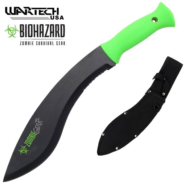 Wartech Biohazard Kukri Machete w/ Sheath: Undead Survival Gear.15.5". The blade is made from black heavywieght stainless steel and has a kukri shape with a flared cutting edge and tapered tang area to reduce weight and increase cutting power.
