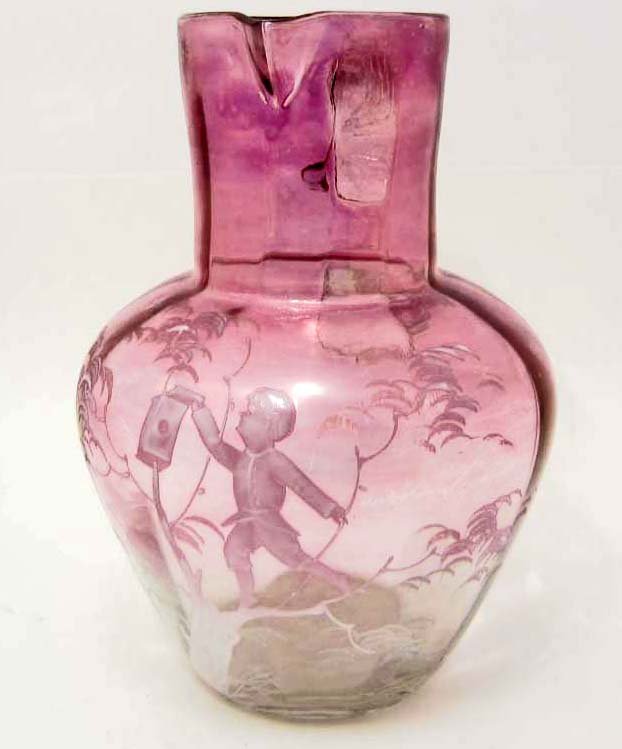 ANTIQUE MARY GREGORY HAND PAINTED GLASS PITCHER: Pontil on Bottom. 9" tall