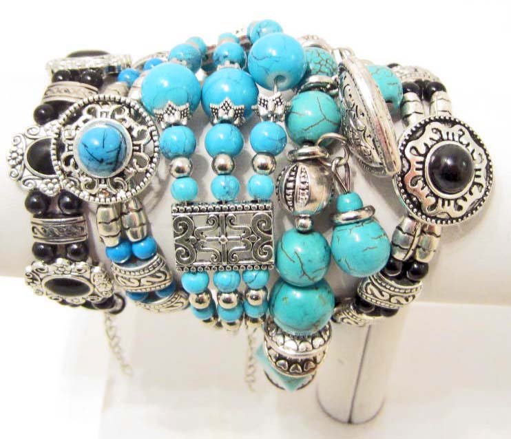 LOT OF 5 BEADED TIBETAN SILVER BRACELETS: N/A
