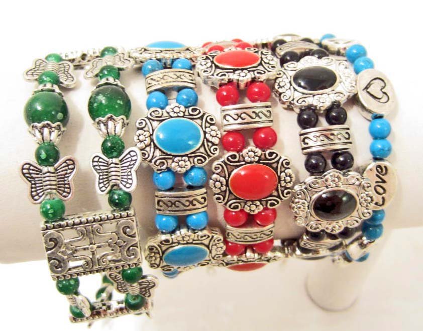 LOT OF 5 BEADED TIBETAN SILVER BRACELETS: N/A