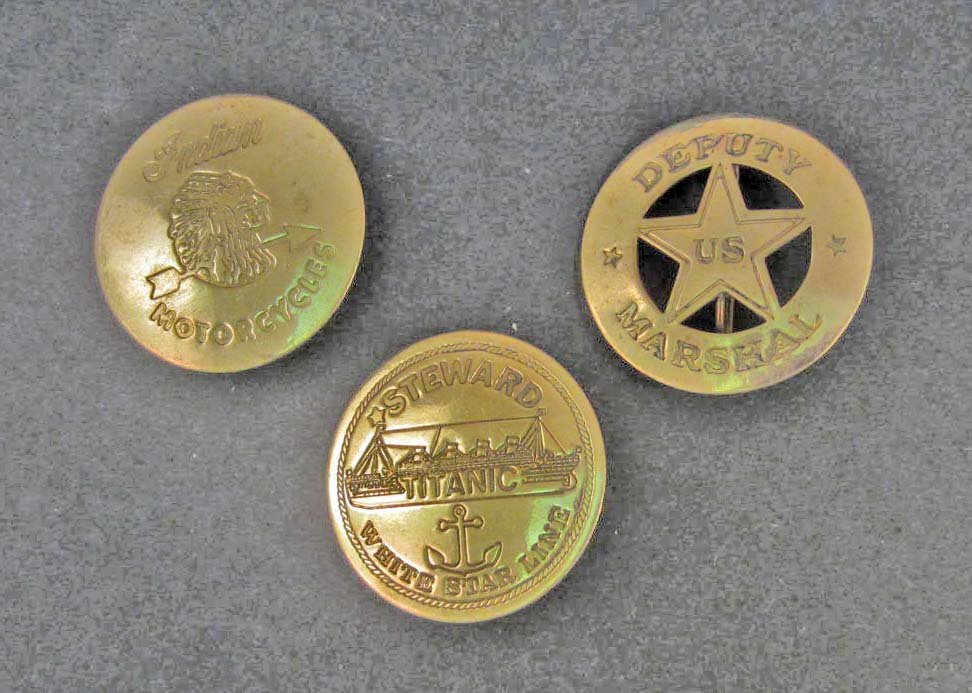 LOT OF 3 OLD WEST STAR BADGES: titanic, indian motorcycles, us marshal