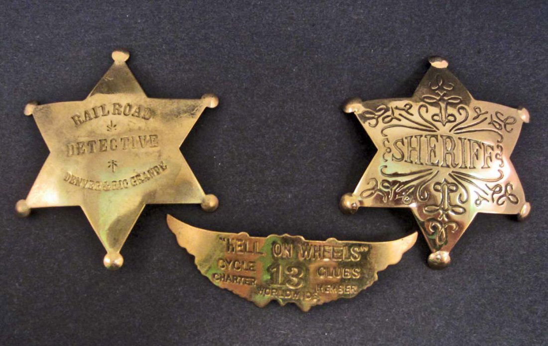 LOT OF 3 OLD WEST STYLE STAR BADGES: hell on wheels, railroad detectives, sheriff