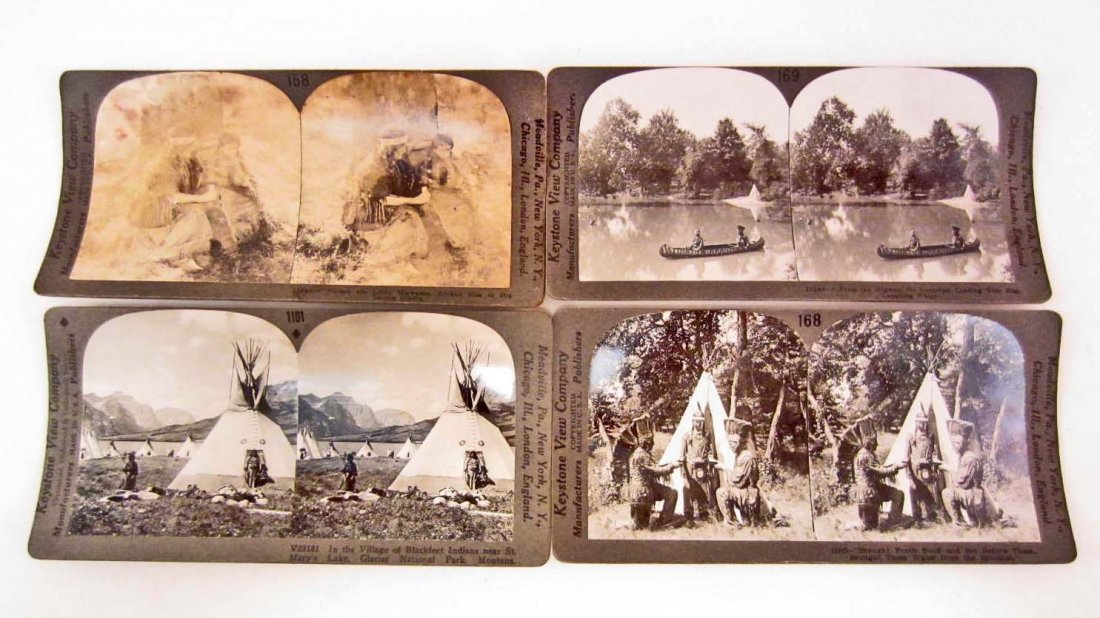 LOT OF 4 ANTIQUE STEREOVIEW PHOTO CARDS OF INDIANS: Little Hiawatha Rocked him in his lindeh cradle, From the Wigwam he departed, loading with Him Laughing water, Brought forth food and bet before them & in the village of Blackfeet Indians near St Mary