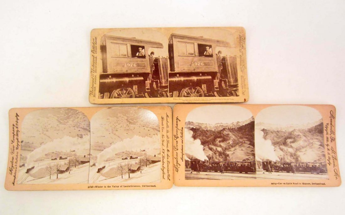 LOT OF 3 1902 STEREOVIEW PHOTO CARDS - TRAINS: Prince Henry ready for a ride in the cab of the Engine drawing his special train, Car on Cable Road to Murren Switzerland & Winter in the Valley o Lauterbrunnen Switzerland