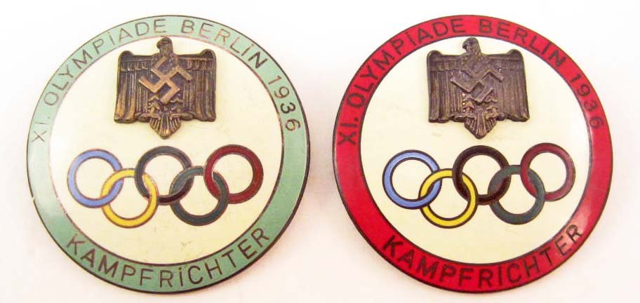 LOT OF 2 GERMAN NAZI BERLIN SUMMER OLYMPICS JUDGE: They measure 1 7/8" in diameter. The reverse side is maker marked Ges Gesch PJC. The both have a thin horizontal pin back. Two piece copper construction with multi colored enamel.