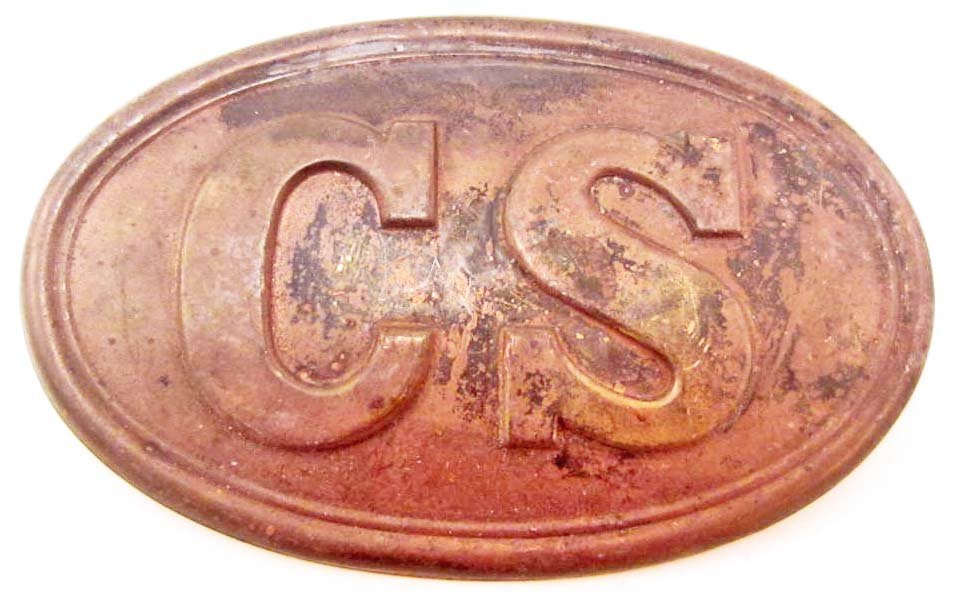 CONFEDERATE STATES CIVIL WAR CS ENLISTED MANS CARTRIDGE: Measures 3 7/16" wide by 2 1/8" tall. Has two eyelets on the reverse side for mounting onto the leather flap of the cartridge box. Stamped brass construction with a lead filled back