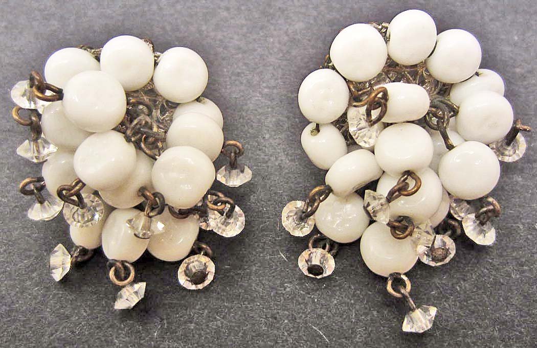 PAIR OF VINTAGE MIRIAM HASKELL MILK GLASS & CRYSTAL: N/A