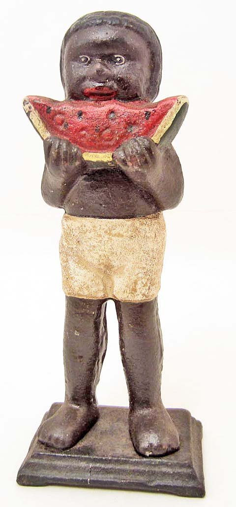 CAST IRON BLACK AMERICANA WATERMELON JOE BANK: Measures approx 8" x 3-1/4" x 2-1/4"