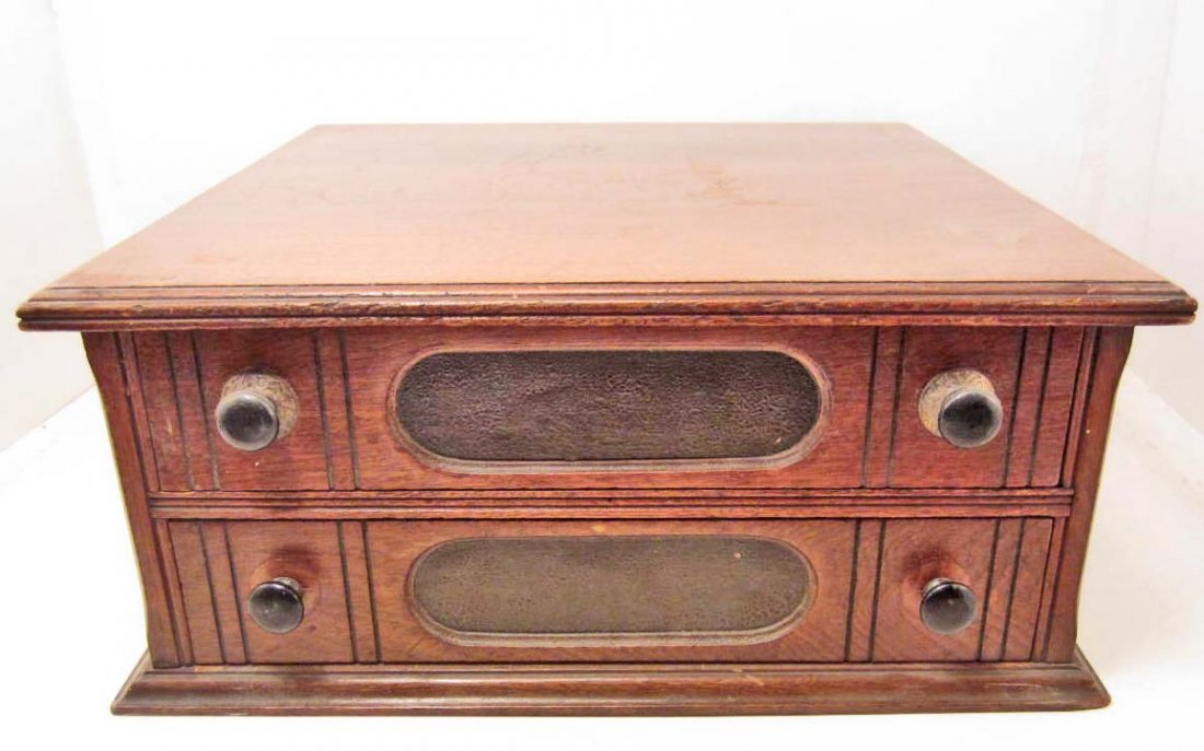 ANTIQUE COFF'S BRAID 2 DRAWER STORE ADVERTISING SPOOL: Approx. 17" x 18" x 7.5". Velvet lined drawers to use as a Jewelry box if you want OR Velvet can be easily removed. Needs 2 Medalions on Lower Drawer Pulls. REALLY a Nice Early Spool Cabinet