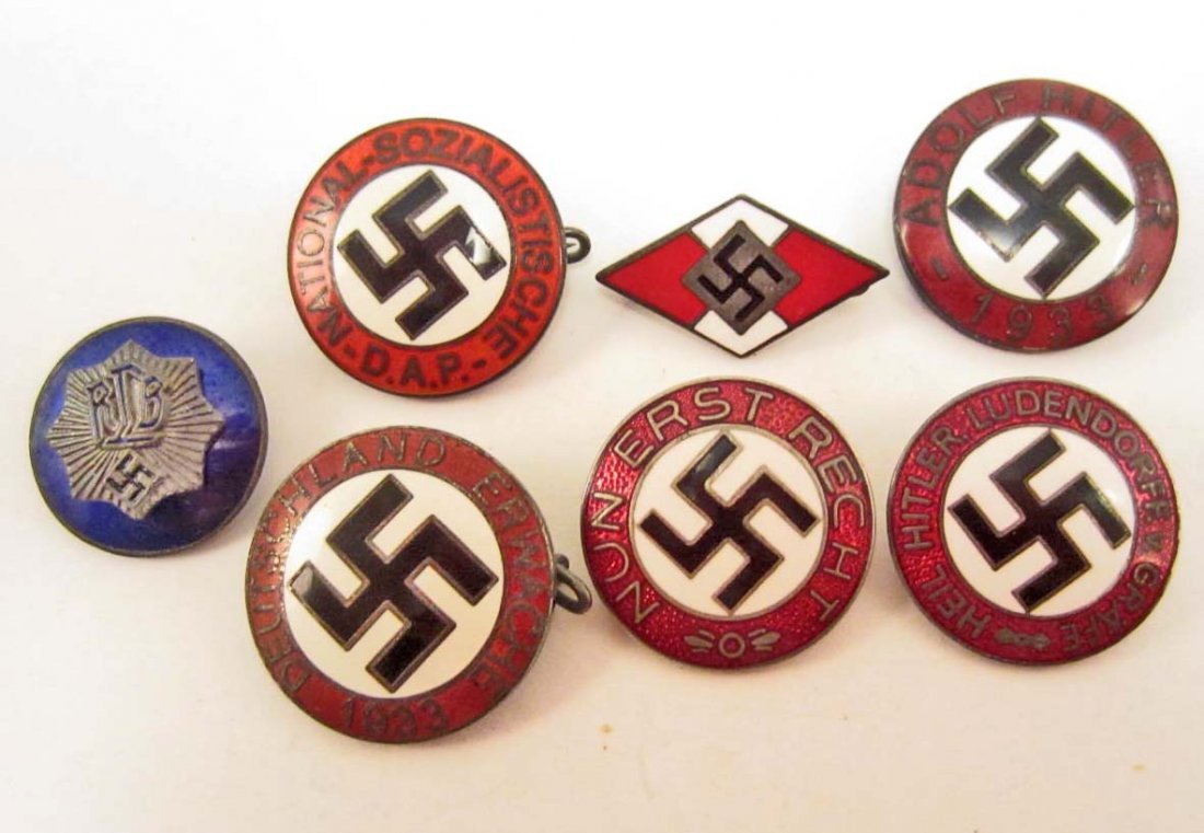 LOT OF 7 GERMAN NAZI ENAMELED PARTY BADGES: This grouping includes: Hitler Youth HJ; Adolf Hitler 1933; Deutschland Erwache 1933; NSDAP; RLB Luftshutz; Nun Erst Recht; Heil Hitler Ludendorff v Grafe. All have a thin horizontal pin back. Nickel 