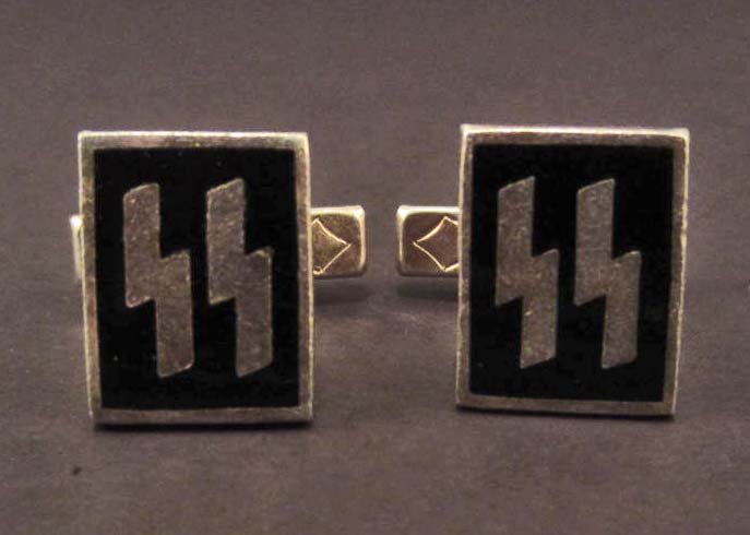 PAIR OF GERMAN NAZI WAFFEN SS OFFICER RUNIC LIGHTING: They measure 3/8" wide by 5/8" tall. Nickel construction with black enamel. Very fine condition