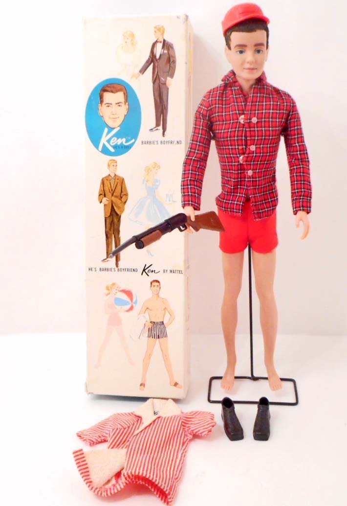 VINTAGE 1960'S FLOCKED HAIR KEN IN ORIGINAL BOX: WITH EXTRA OUTFIT- SHIT, HAT, HUNTING RIFLE, BOOTS!! HAIR FLOCKING RUBBED IN AREAS !!