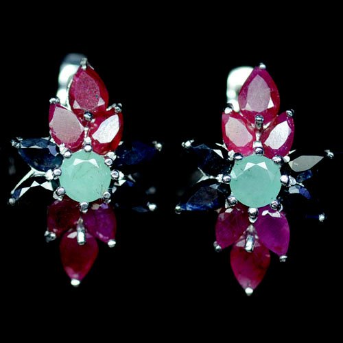 PAIR OF STERLING SILVER EMERALD, RUBY & SAPPHIRE: N/A