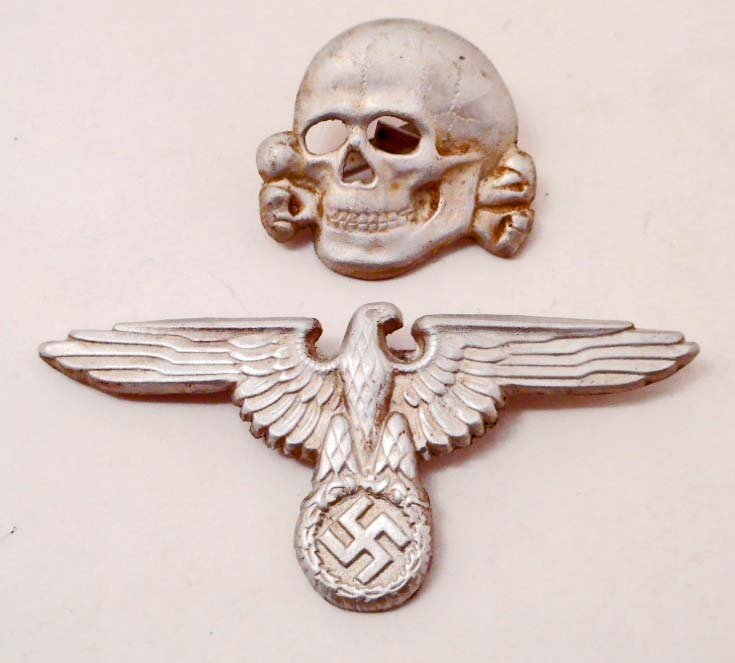 LOT OF 2 GERMAN NAZI SS HAT BADGES: SS 155/38 MARKED BACK OF SKULL GES GESCH MARKED BACK OF EAGLE