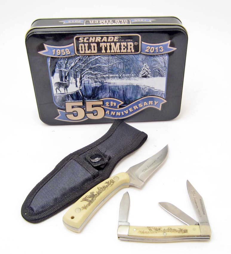 SCHRADE SCRIMSHAW OLD TIMER KNIFE SET: In collectible tin