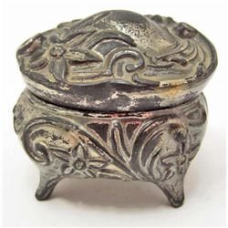 ANTIQUE ART NOUVEAU METAL RING CASKET W/ SILK LINING: Approx. 2.25" by 1.5" by 2" tall.