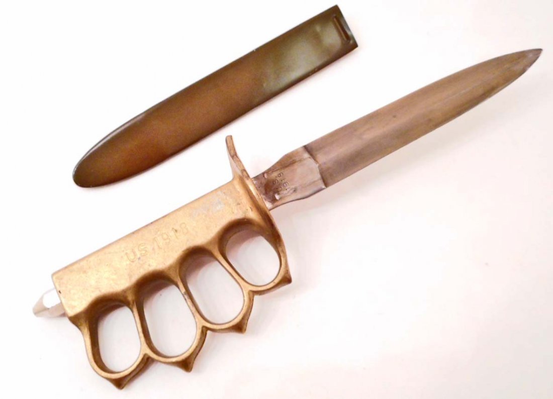 WW1 US 1918 KNUCKLE TRENCH KNIFE W/ SCABBARD: Approx. 12" long. Blade and handle are both marked US 1918