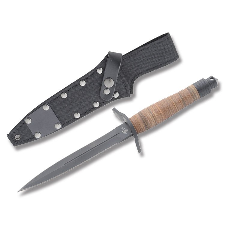 COLT V-32 COVERT WARRIOR FIGHTER KNIFE W/ SHEATH: Stacked leather handle. Approx. 10 7/8" long overall. ***WILL NOT SHIP INTERNATIONALLY OR TO MA OR CA***