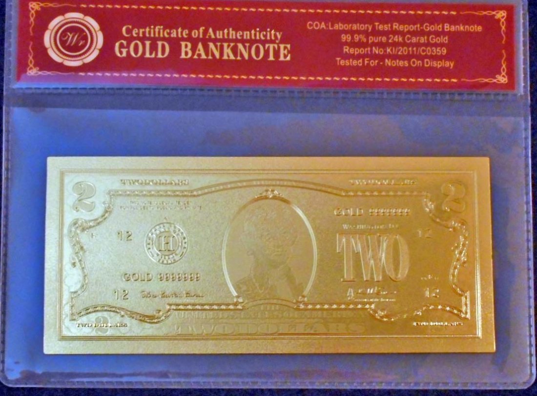 99.9% PURE 24K CARAT GOLD $2.00 CERTIFIED BANKNOTE: Real Collectible Gold. No Monetary Value or Bullion.