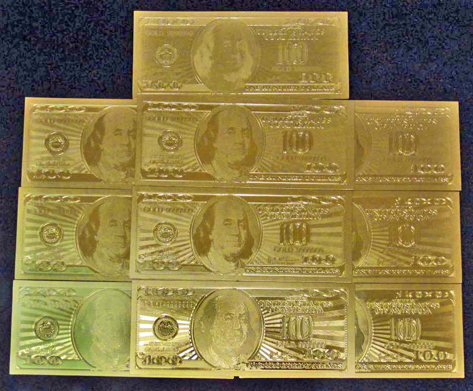 LOT OF 10 24K .999 GOLD 100 DOLLAR BANKNOTES BILLS: DOUBLE SIDED! Collectible REAL Gold, but NOT legal tender or bullion.