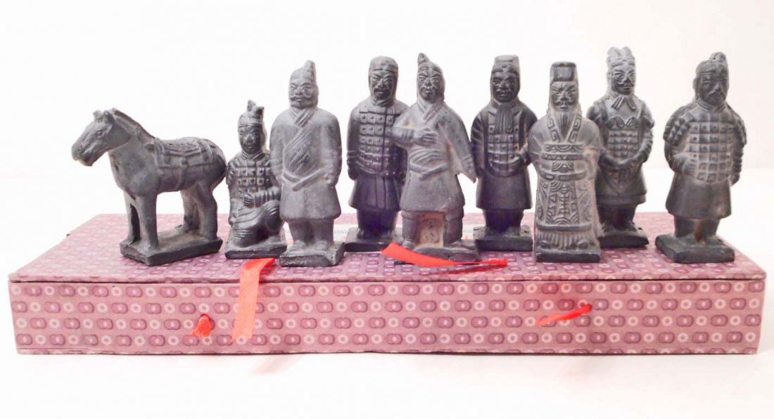 SET OF 9 TERRA COTTA WARRIOR & HORSE FIGURES W/ BOX (1 of 2)