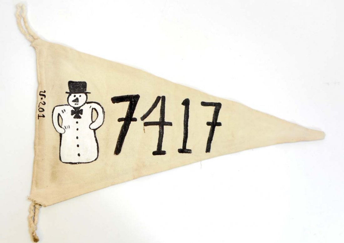 GERMAN NAZI U-BOAT U-201 SUBMARINE KILL FLAG: Measures 18-3/4" wide by 11-1/4" tall plus the rope ends. The front shows a snow man wearing a black top hat and a Knights Cross. The tonnage sunk at that time shows 7417. hand painted on a beige canv