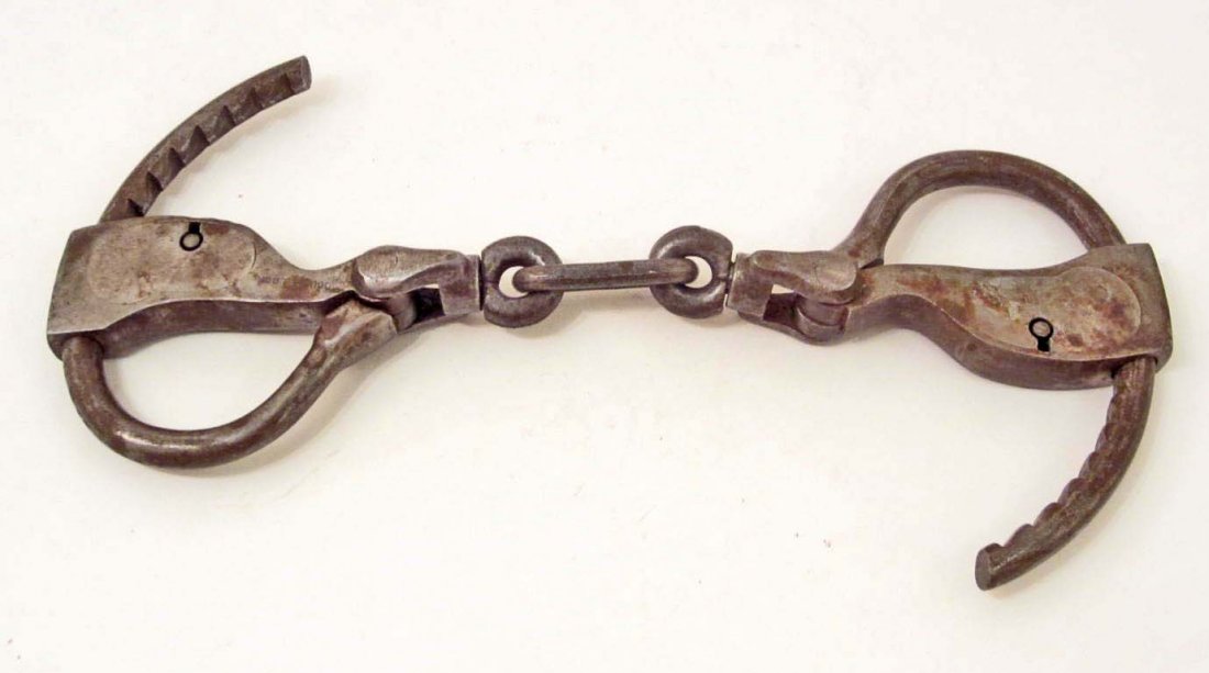 RARE ANTIQUE CAST IRON OLD POLICEMAN HANDCUFFS: Marked Double Lock. No key