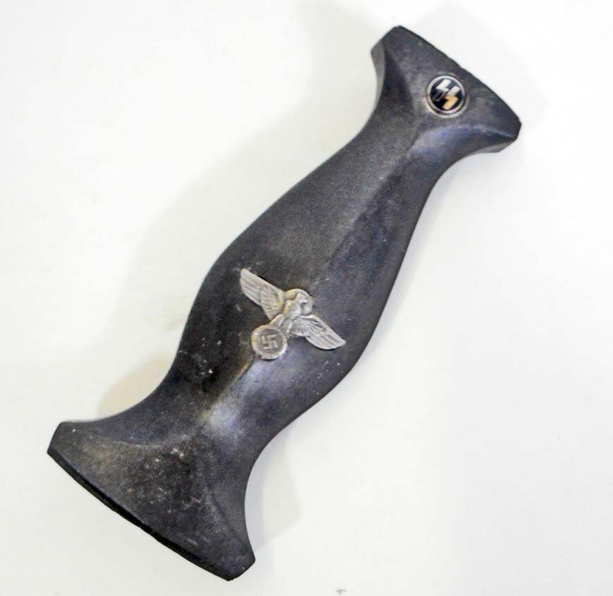 GERMAN NAZI WAFFEN SS ENLISTED MANS OFFICER DAGGER: Measures 1 3/4" wide by 4 5/16" tall by 3/4" deep. Has a nickel eagle in the center with a black enameled SS runic insignia at the top. Black ebony wood con-construction