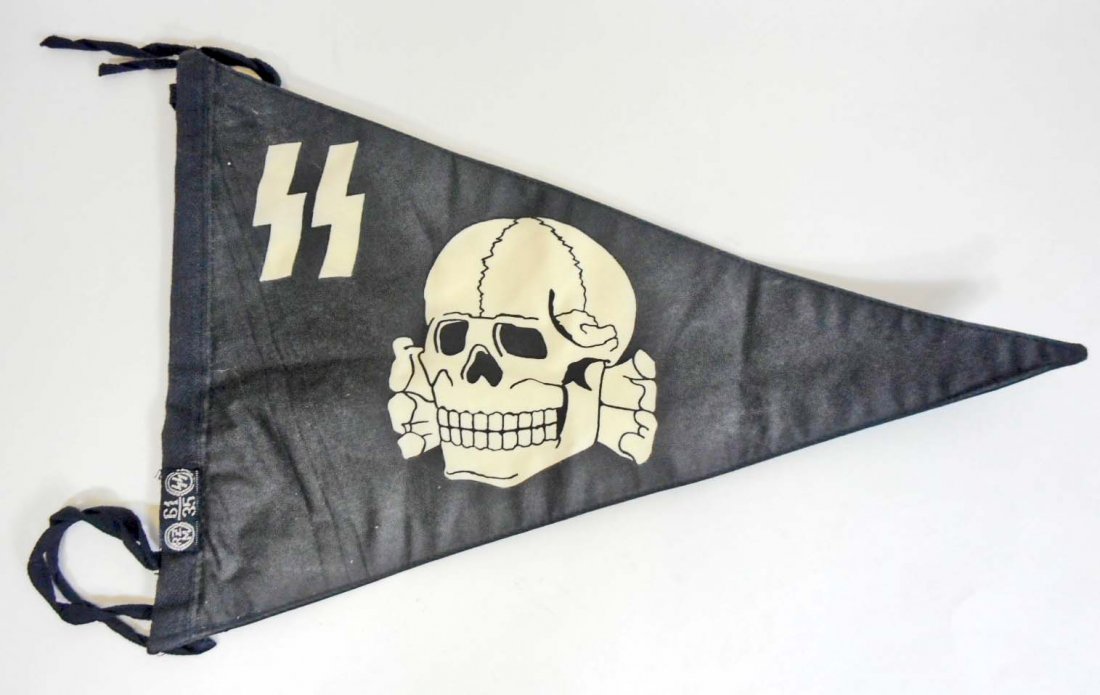 GERMAN NAZI WAFFEN SS OFFICERS STAFF CAR PENNANT: Measures 12 3/8" wide by 8 1/2" tall. The front and back show a Waffen SS skull with a pair of SS runics in the corner. Has a bevo SS RZM cloth tag sewn onto the bunting. Three piece double sided mach