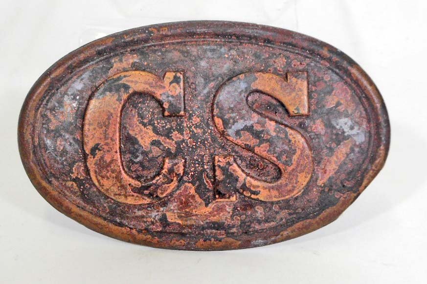 CONFEDERATE STATES ARMY CIVIL WAR CS ENLISTED MANS BELT: Measures 3 7/16" wide by 2 1/8" tall. The front reads 'CS'. Has three brass prongs on the reverse side. Stamped brass construction with a lead filled back.