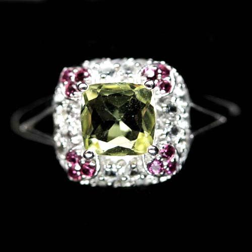 STERLING SILVER LEMON YELLOW QUARTZ, RASPBERRY PINK: Size 11