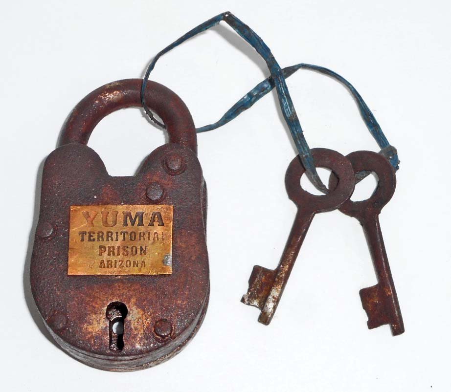 YUMA TERRITORY PRISON SMALL CAST IRON PADLOCK W/ KEYS: Approx. 2.5" tall