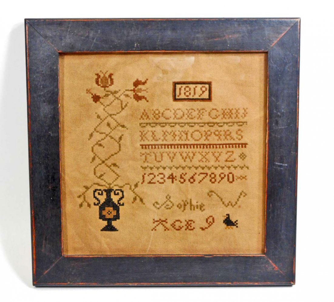 ANTIQUE 1819 CROSS STITCH SAMPLER - SIGNED SOPHIE W.: Approx. 11.5" by 11.5" In a period frame.