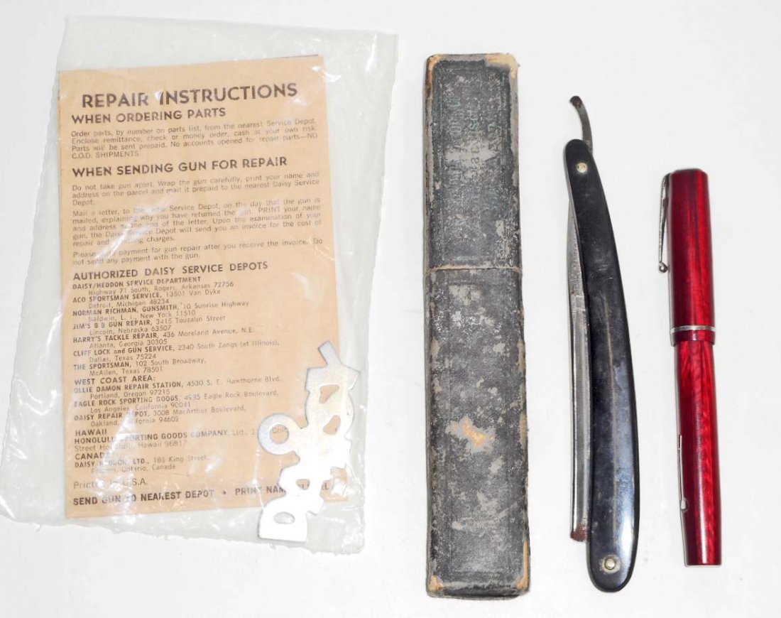 LOT OF VINTAGE MISCELLANEOUS TREASURERS: Esterbrook Fountain Pen, J.A. Henckels German Solingen Straight Razor w/ Box and a Daisy Gun Repair Instruction Kit w/ Metal Daisy Tag.