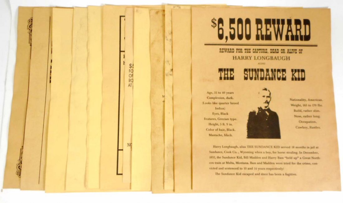 LOT OF 12 FAMOUS REWARD POSTER PRINTS: Each approx. 11.5" by 9". Includes Hand of Three Finger Jack, Jesse or Frank James, Wyatt Earp, Butch Cassidy, More!