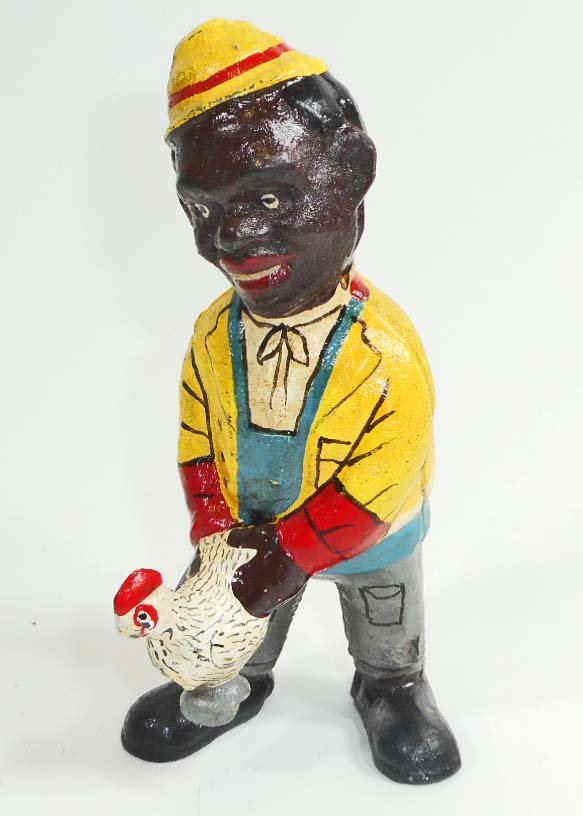 CAST IRON BLACK AMERICANA MAN W/ CHICKEN FIGURAL STILL: Approx. 5" tall