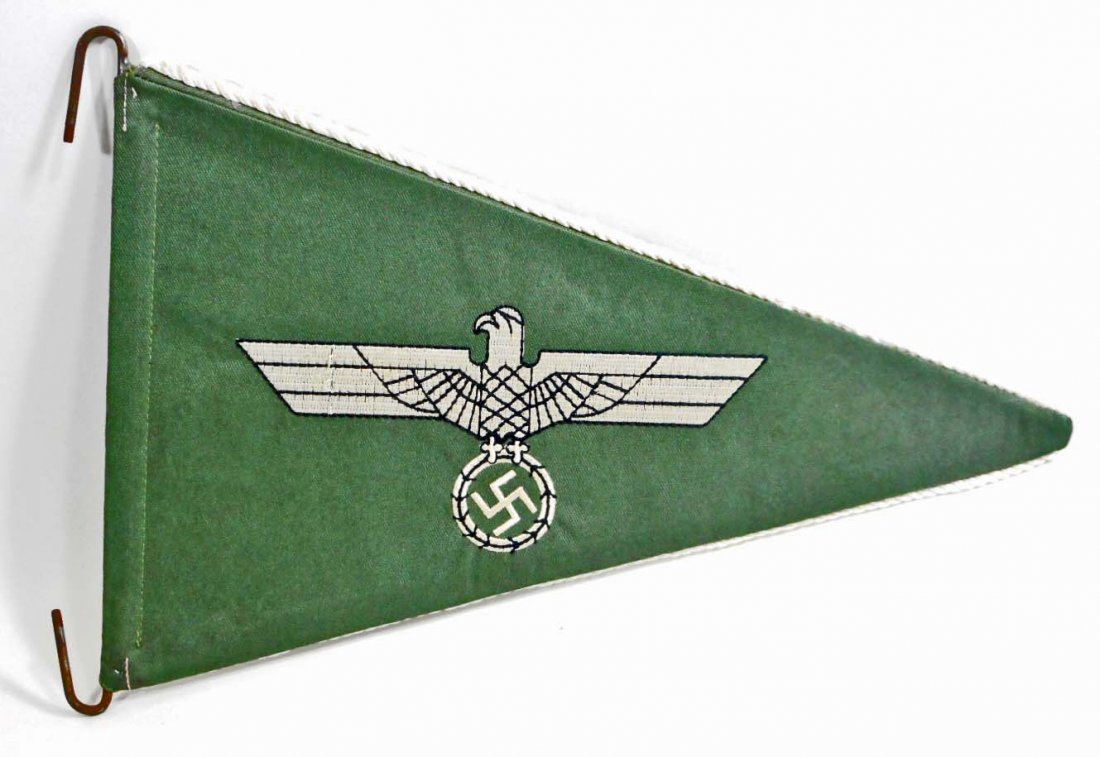 GERMAN NAZI ARMY OFFICERS STAFF CAR PENNANT: Measures 12 15/16" wide by 8 1/4" tall. Has two machine embroidered eagles on a dark green cotton backing. Double sided with a metal triangular frame.