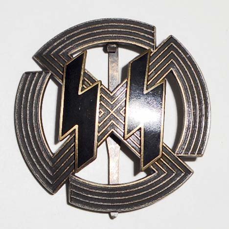 GERMAN NAZI WAFFEN SS BRONZE RUNIC & SWASTIKA BADGE: Measures 2" in diameter. The reverse side is maker marked 'Richard Sieper & Sohn Ludenscheid RZM M1/25'. Has a wide vertical pin back. Three piece bronze construction with black enamel