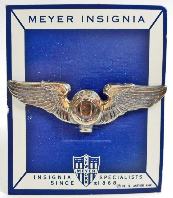 USAAF BALLOON OBSERVER WING: Measures 3 3/16" wide by 1" tall. The reverse side is maker marked 'Meyer New York' in their shield logo. It is also marked 'Sterling'. Has a thin horizontal pin back. Mounted on an original Meyer car
