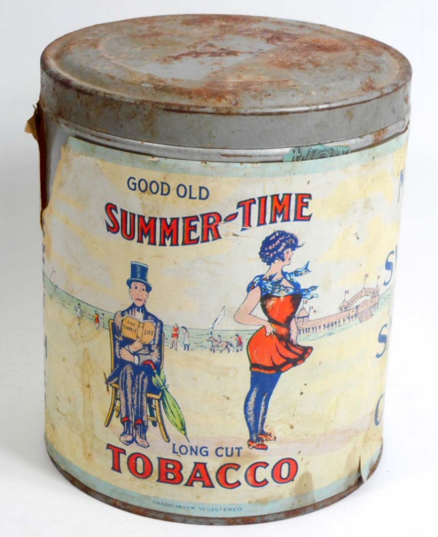 ANTIQUE GOOD OLD SUMMER TIME LOG CUT TOBACCO: Original paper label still intact. Approx. 5" diameter by 8" tall