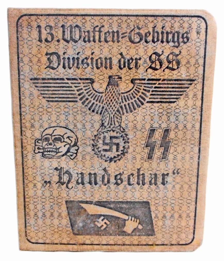 GERMAN NAZI WAFFEN SS 13TH GEBIRGS DIVISION SOLDIER: Measures 4 15/16" wide by 5" tall. It measures 7 15/16" wide open. The inside shows a photograph of the SS man along with his signature and blood type. He was in the '13 Waffen Gebirgs Division der SS