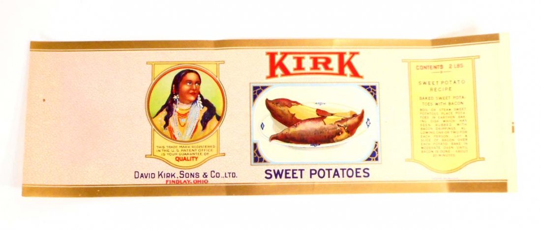 VINTAGE KIRK SWEET POTATOES ADVERTISING CRATE LABEL: Approx. 14" by 4.75"