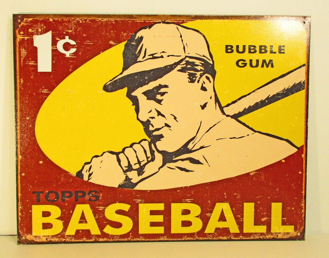 TOPPS 1 CENT BUBBLE GUM BASEBALL ADVERTISING METAL SIGN: Approx. 16" by 12.5"